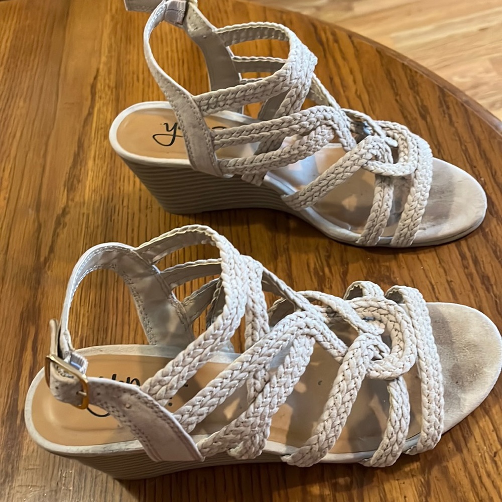 Brand is Y-Not, Platform wedge, size 7, color-tan.